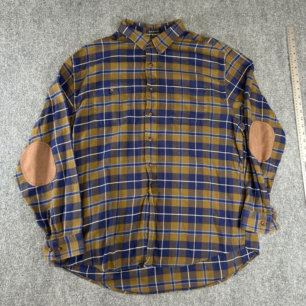 Pendleton Hawthorne Plaid Flannel Shirt XXL Mustard Blue Elbow Patches Mens